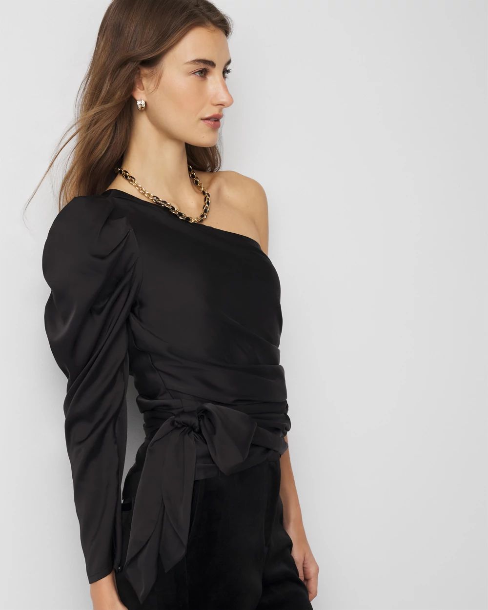 One-Shoulder Tie-Waist Satin Blouse | White House Black Market